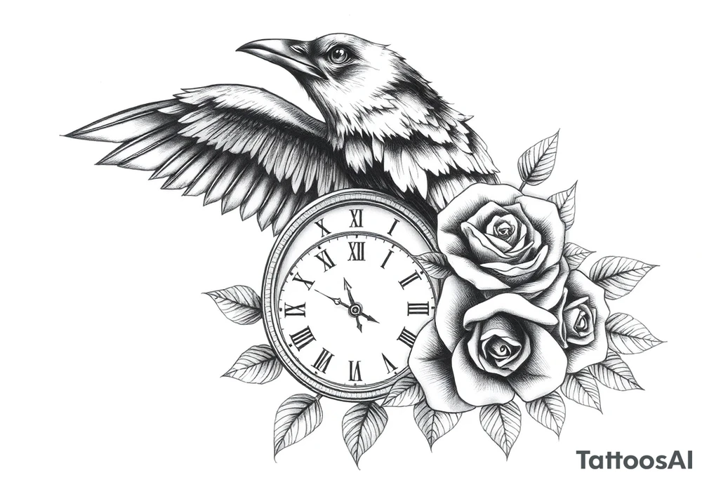 raven,roses,clock. tattoo idea