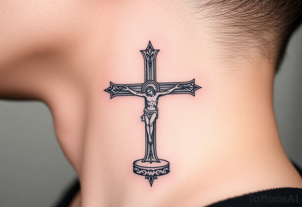 Traditional orthodox ICXC Christian cross with Jesus Christ on the cross also with the foot rest part of the cross tattoo idea