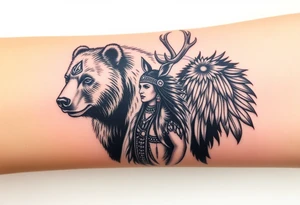 Indigenous, Majestic, and Powerful male Goliath Grizzly Bear. An Indigenous, Majestic, and Powerful King Elk. Both guarding an Indigenous, Majestic, and Powerful Raven haired Warrior Squaw tattoo idea