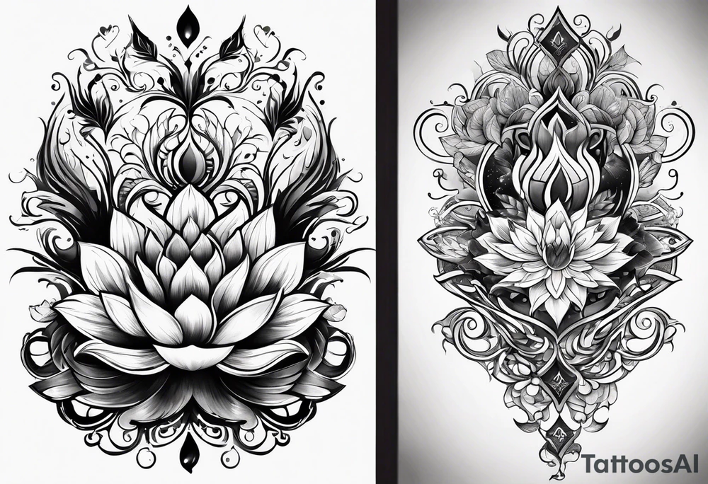 one vertical tattoo that combines lotus flower, phoenix and helix, strength and resilience symbols tattoo idea