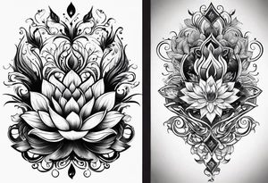 one vertical tattoo that combines lotus flower, phoenix and helix, strength and resilience symbols tattoo idea