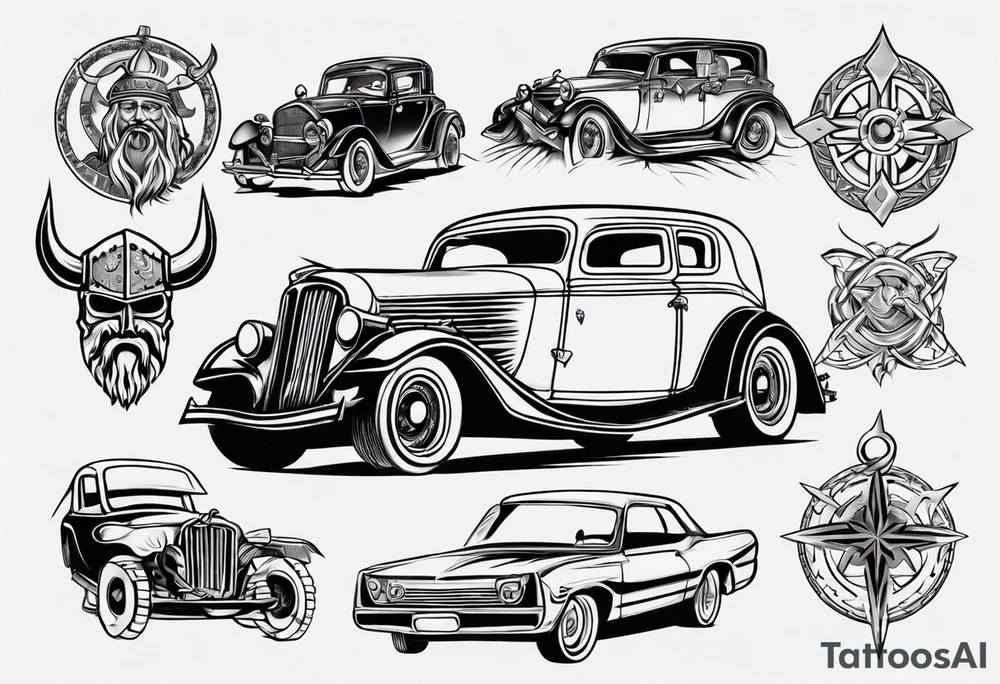 A Viking building a vintage car tattoo idea
