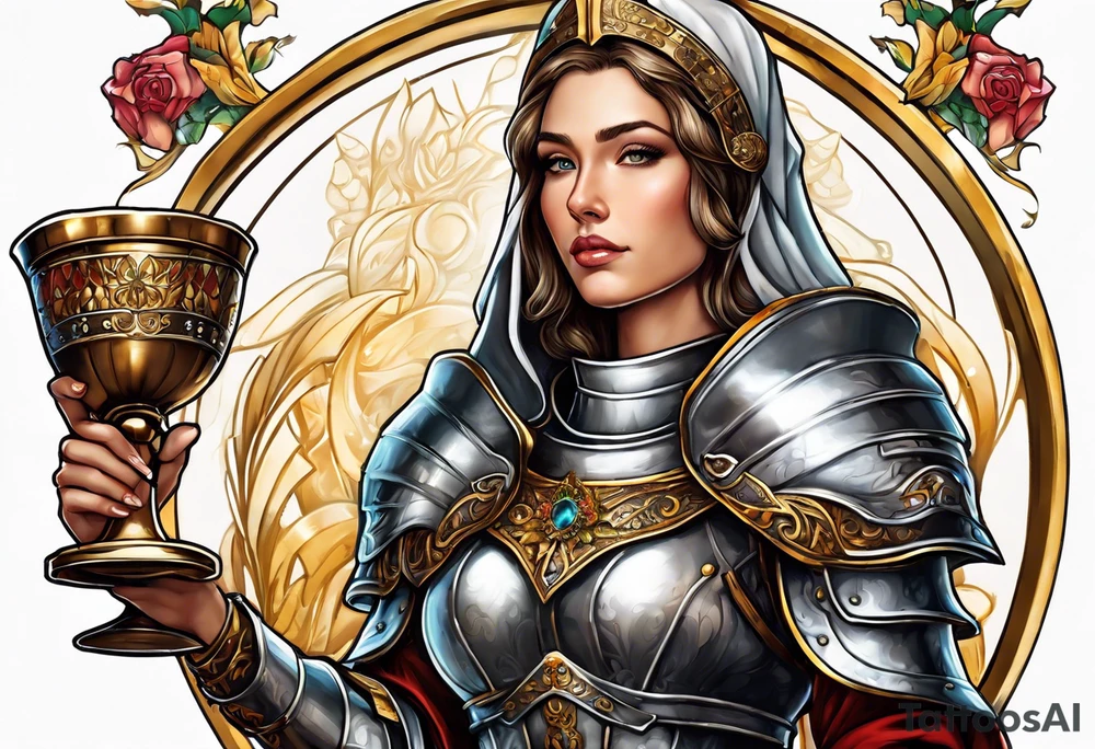 woman saint in armor with chalice tattoo idea