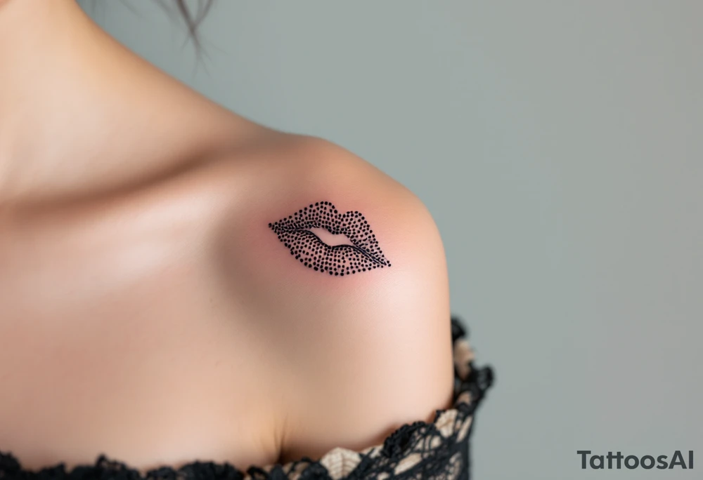 Dot-Work Kiss – A stippling-effect kiss mark, using only small dots to create shading and depth. tattoo idea
