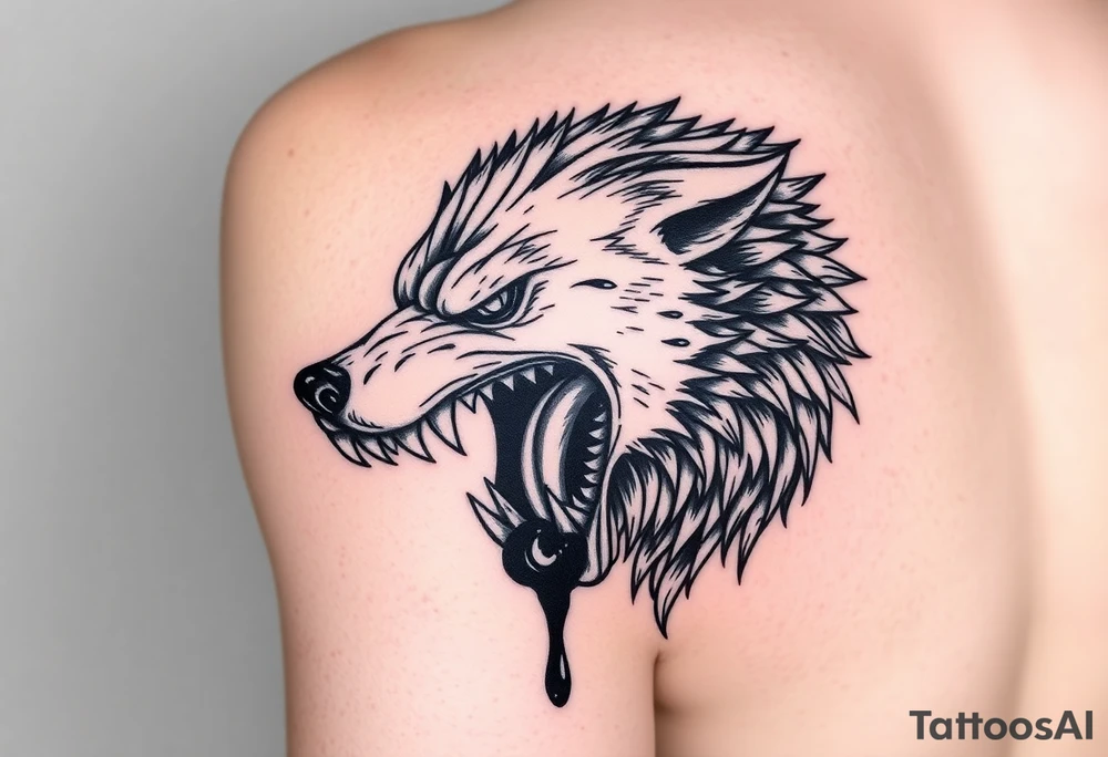 Fierce and demonic wolf with extra elongated muzzle and sharp teeth, swallowing a dripping black hole. Placement on sleeve. tattoo idea