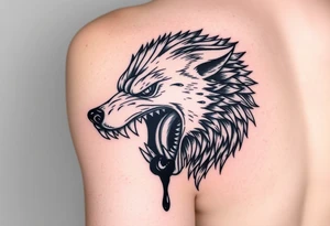 Fierce and demonic wolf with extra elongated muzzle and sharp teeth, swallowing a dripping black hole. Placement on sleeve. tattoo idea