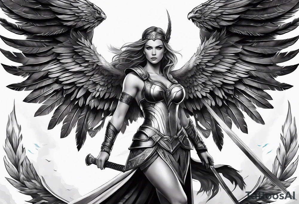 The full body of a Valkyrie with wings tattoo idea