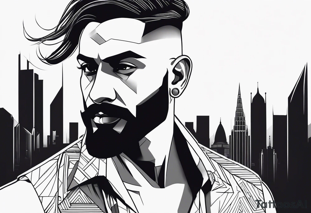 A muscular, bald, bearded, indian man within the cities he relates to- mumbai, new delhi and prague. Minimalistic geometric line tattoo tattoo idea