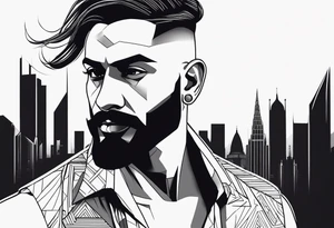 A muscular, bald, bearded, indian man within the cities he relates to- mumbai, new delhi and prague. Minimalistic geometric line tattoo tattoo idea