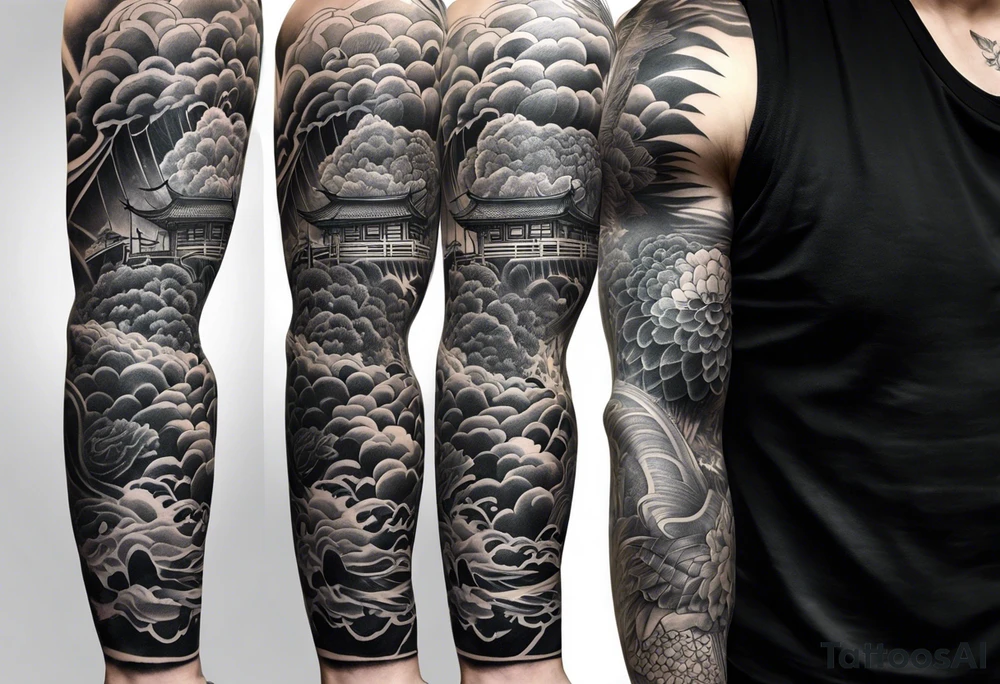 High contrast black and grey Japanese full arm sleeve tattoo idea