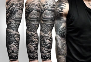 High contrast black and grey Japanese full arm sleeve tattoo idea