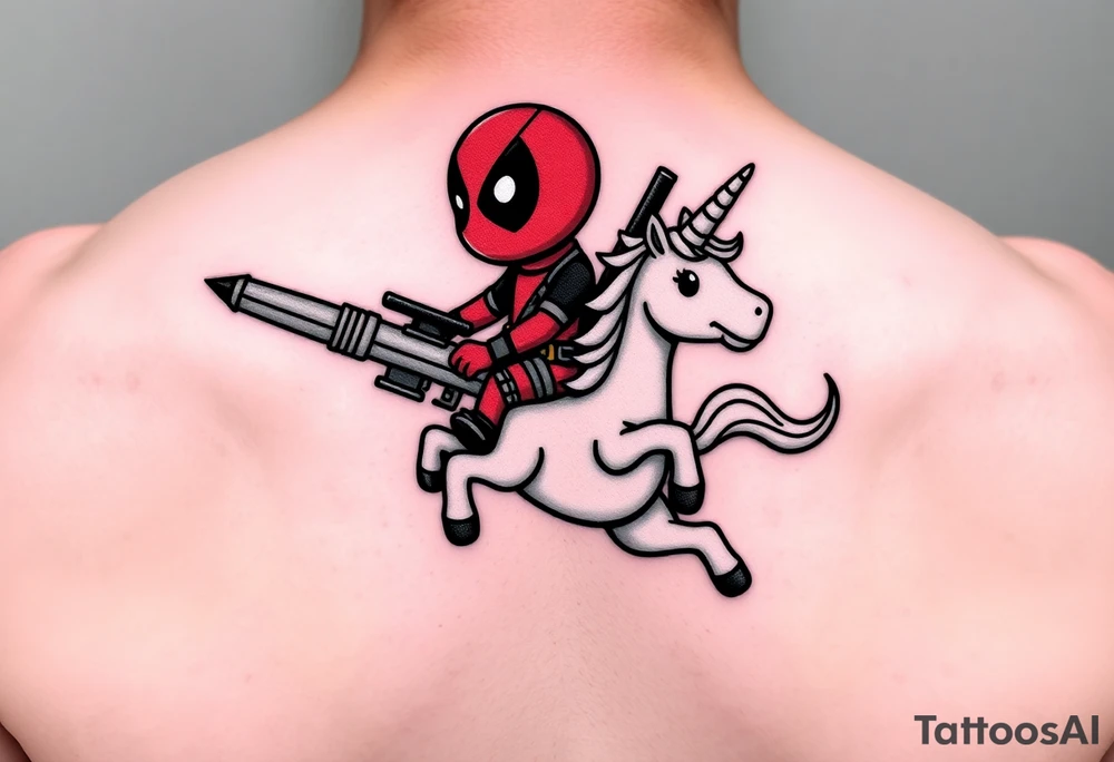 Deadpool riding cartoon unicorn holding rocket propelled grenade launcher tattoo idea