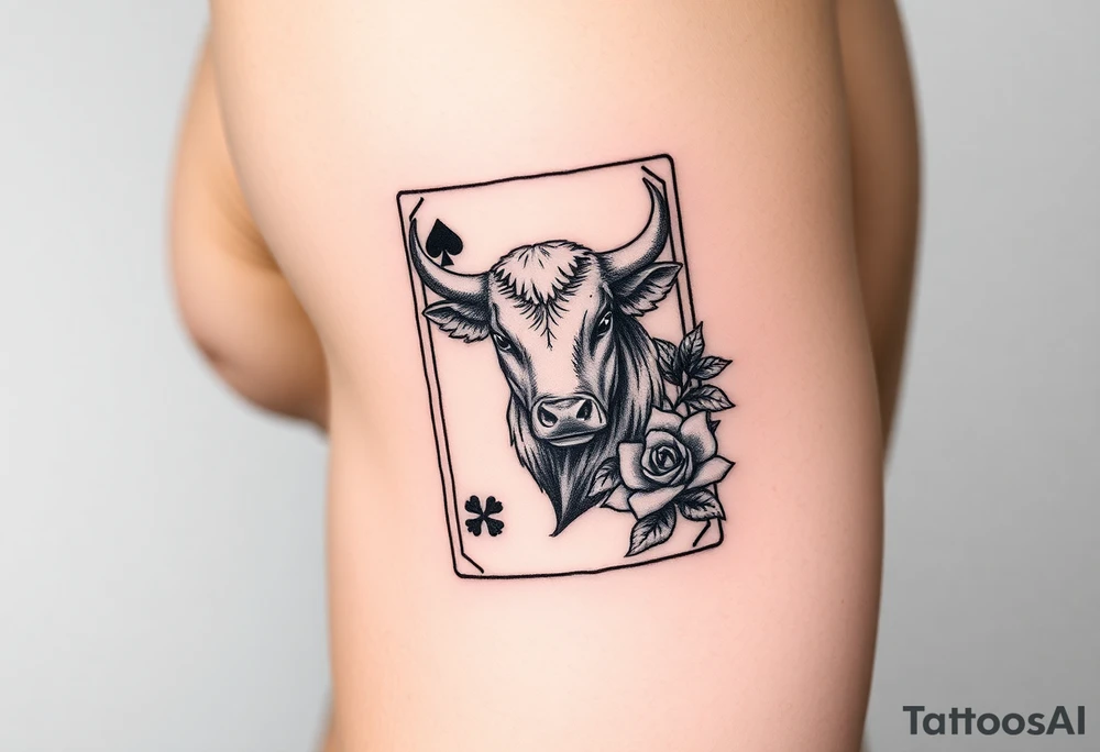 A king play card with a small highland cow face on it and a small 4 leaf clover surrounded by roses tattoo idea
