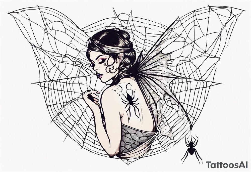 Fairy with bottom half of body wrapped up by spider web tattoo idea