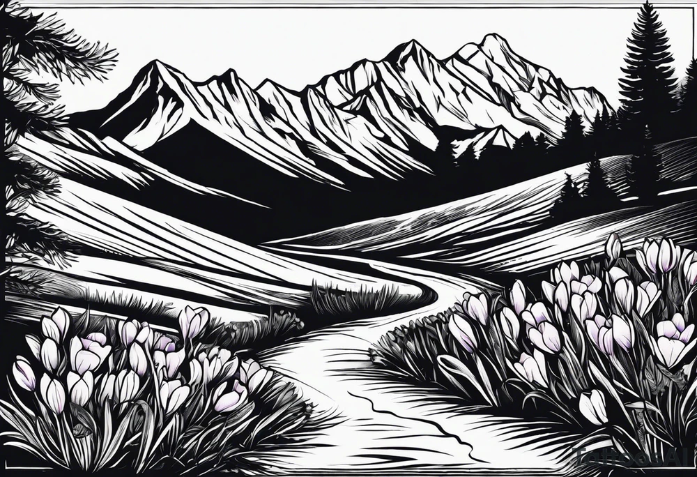 composition with mountain (Gran Sasso) with Crocus flowers, and an explorer trekking. Background in rectangular g shape. Do not enter rivers and trees. Do it in color. The design style must be that of Old School Traditional Tattoo. tattoo idea