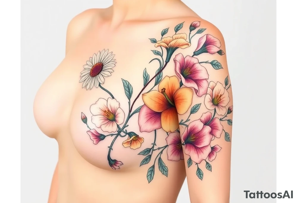 This tattoo is on a woman. It starts on her left side of the chest on the pectoral with a Glaiolus and Daisy together, then the tattoo rises over the left shoulder and down the arm and ends at the elbow. The tattoo will include a primroses, Calla Lilys, and Lillys. It will be light on color except in the petals and has light shading to make it pop. It will not wrap around the chest but rather bloom upwards from the pectoral and spill over the shoulder and down to the elbow. tattoo idea