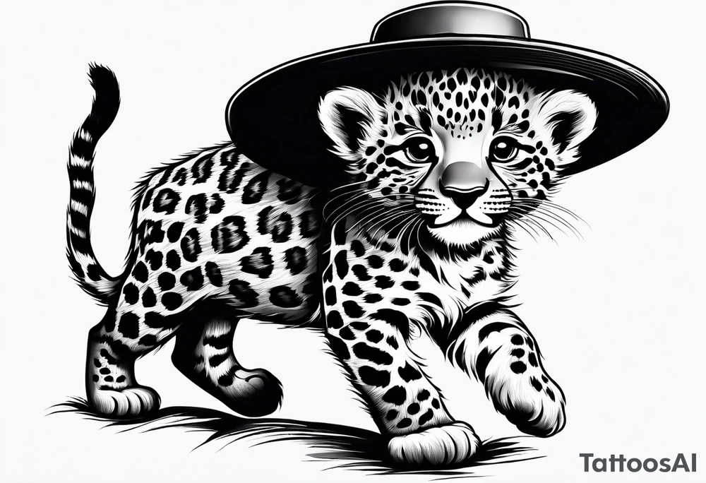 baby leopard walking with a straw hat. the leopard is walking tattoo idea