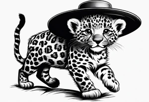 baby leopard walking with a straw hat. the leopard is walking tattoo idea