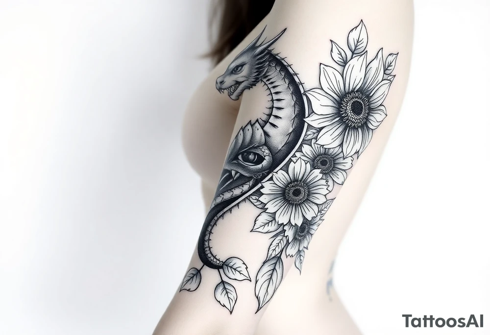 Hourglass climbing roses with sunflowers dragon peeking through tattoo idea