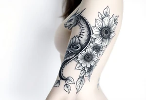 Hourglass climbing roses with sunflowers dragon peeking through tattoo idea