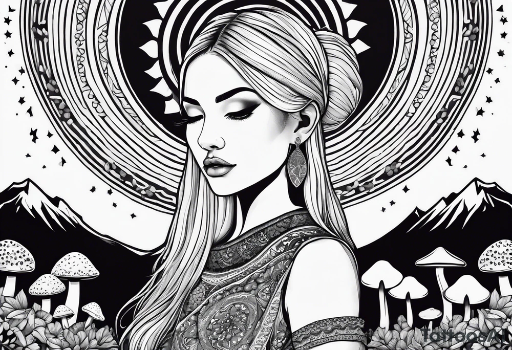 Straight blonde hair girl holding mushrooms in hand meditating facing away toward mountains surrounded by mushrooms crescent moon mandala circular design black and white striped dress tattoo idea