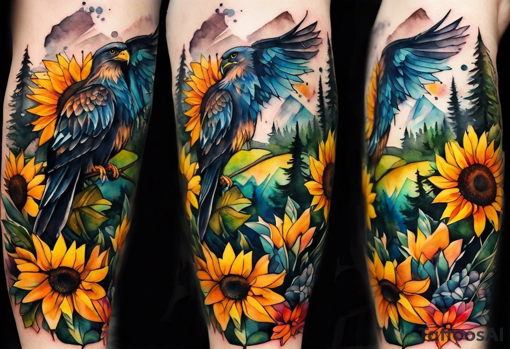 Watercolor forearm tattoo, 4 inches. Black kite (Daya's name), nature (trees/flowers), rock/metal vibe (bold lines), sunflower. Bright colors! tattoo idea