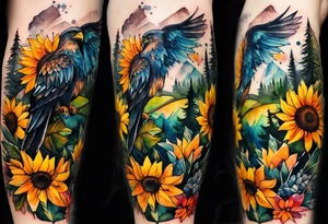 Watercolor forearm tattoo, 4 inches. Black kite (Daya's name), nature (trees/flowers), rock/metal vibe (bold lines), sunflower. Bright colors! tattoo idea
