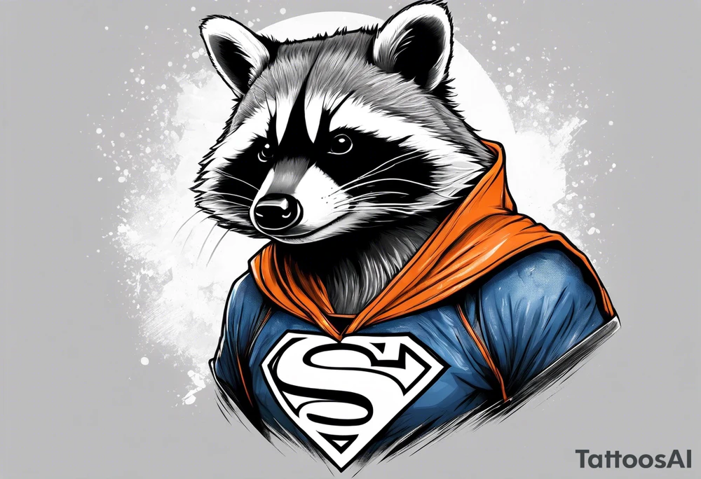 Raccoon wearing an orange Superman hoodie tattoo idea