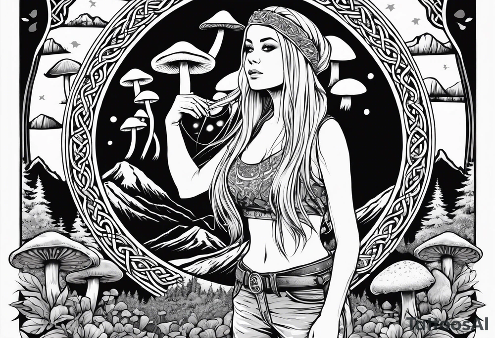 Whole picture encircled fully

Straight long blonde hair hippie girl in distance holding mushrooms in hand facing away toward mountains and creek surrounded by mushrooms long sleeve shirt and hiking pants; whole rendering within a full celtic circle, no cut off circle tattoo idea