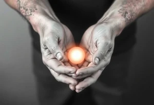 Two hands carefully holding a glowing orb of light, soft realistic shading, warm light radiating from the orb, black and gray tattoo style.” tattoo idea