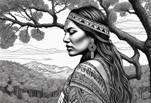 Tree with upper branches forming a native American woman's face as she looks down onto the trees that forms her face and a lonely woman kneels there tattoo idea