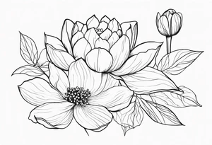 Thin line lotus dogwood lily of the valley and peony wildflower tattoo idea