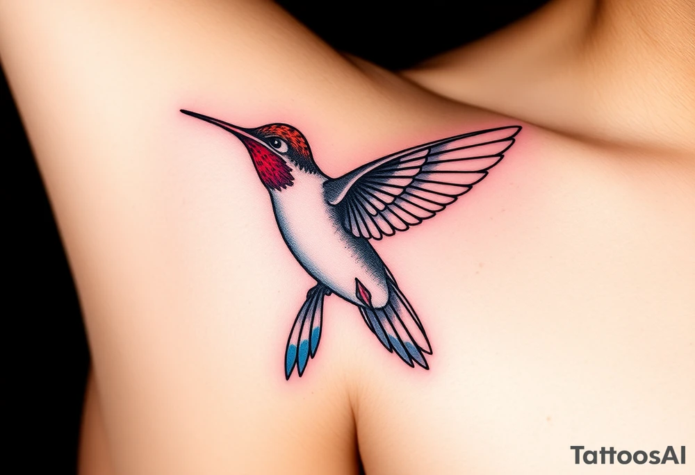 A hummingbird leaving a trail of glowing hieroglyphs as it flies(only red , blue and black are possible colors) tattoo idea