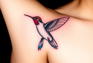 A hummingbird leaving a trail of glowing hieroglyphs as it flies(only red , blue and black are possible colors) tattoo idea