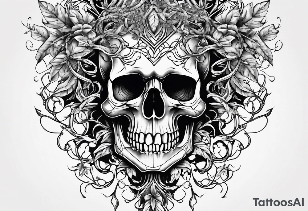 skull with vines and roots running thru tattoo idea