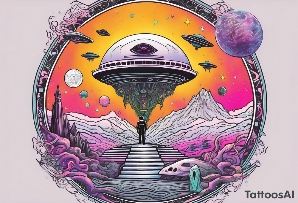 Full Back, synthwave, colossal Alien entities and space stuff, small human on The foreground in awe of The sheer scale of The infinite universe, More absurdist Aliens, Cthulhu-esque Alien pope, More spaceships tattoo idea