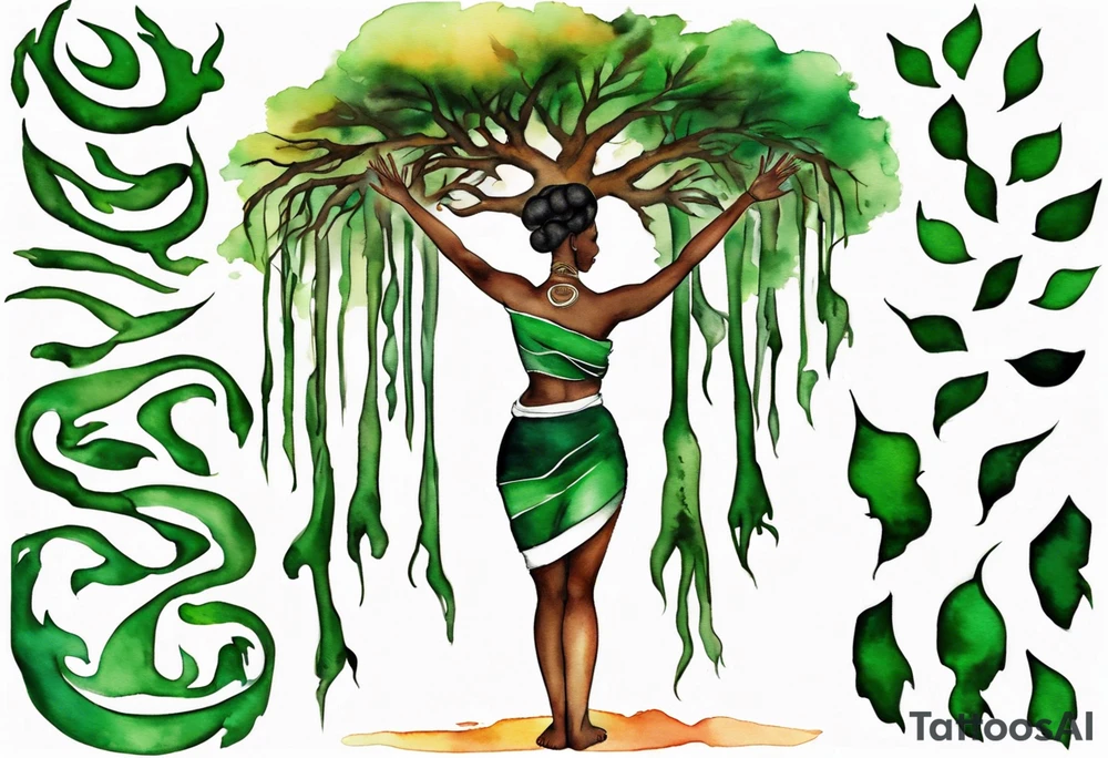 a tree trunk with roots that is a black woman from the waist up, feet made of tree roots, wearing a green tunic, arms stretched upwards towards the blazing sun tattoo idea