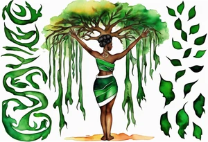 a tree trunk with roots that is a black woman from the waist up, feet made of tree roots, wearing a green tunic, arms stretched upwards towards the blazing sun tattoo idea