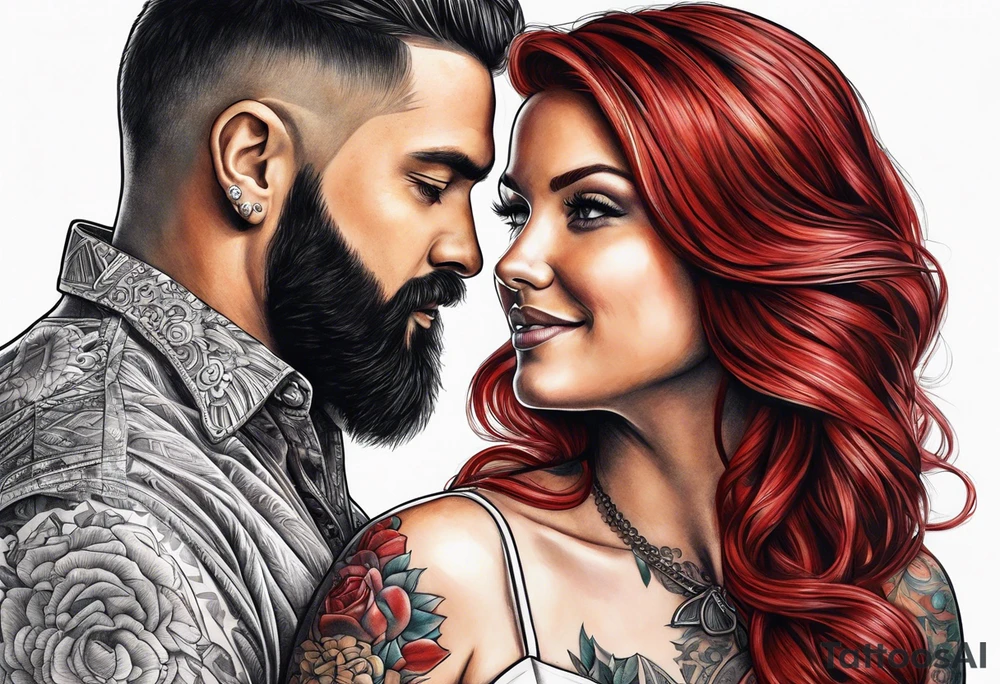 Busty red haired woman with a bearded man who has black hair getting married tattoo idea