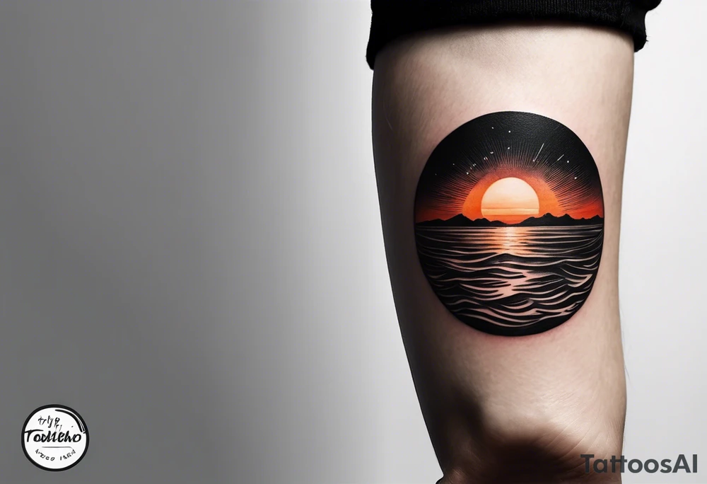 This is an extremely simple and minimalistic tattoo on forearm from the perspective of being on the ocean at sunset. Water is calm, with no waves, the sun is setting behind the ocean, reflecting light onto the ocean. tattoo idea