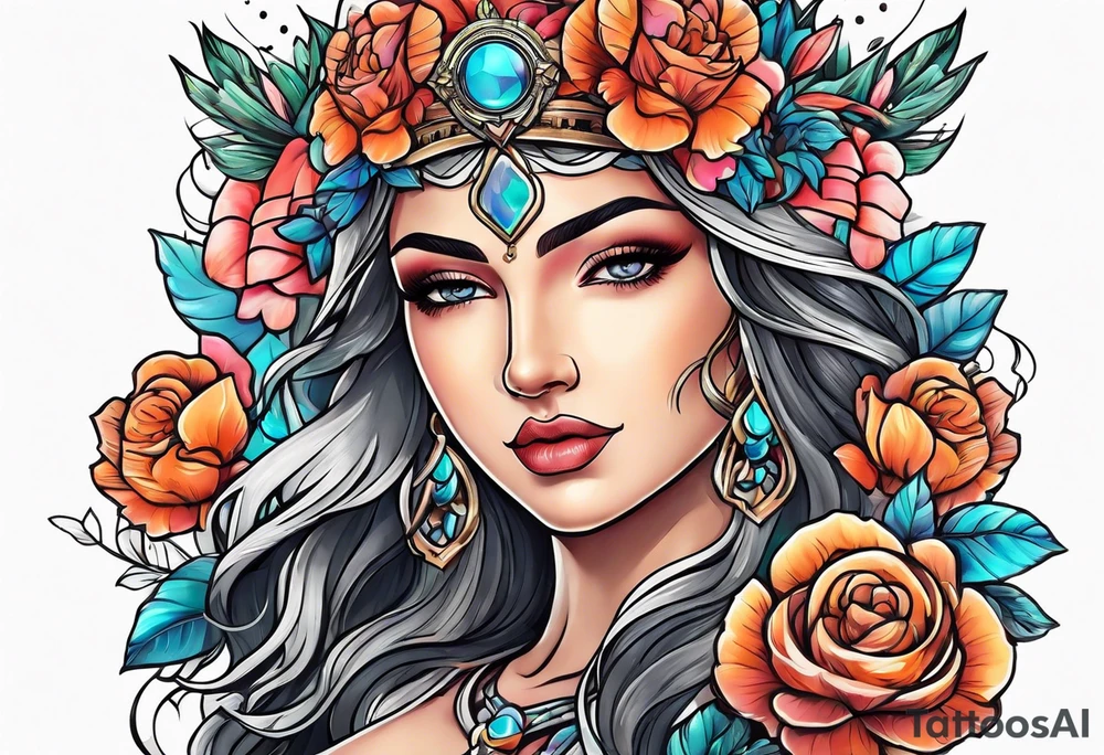 Goddess of justice with flowers tattoo idea