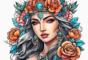 Goddess of justice with flowers tattoo idea