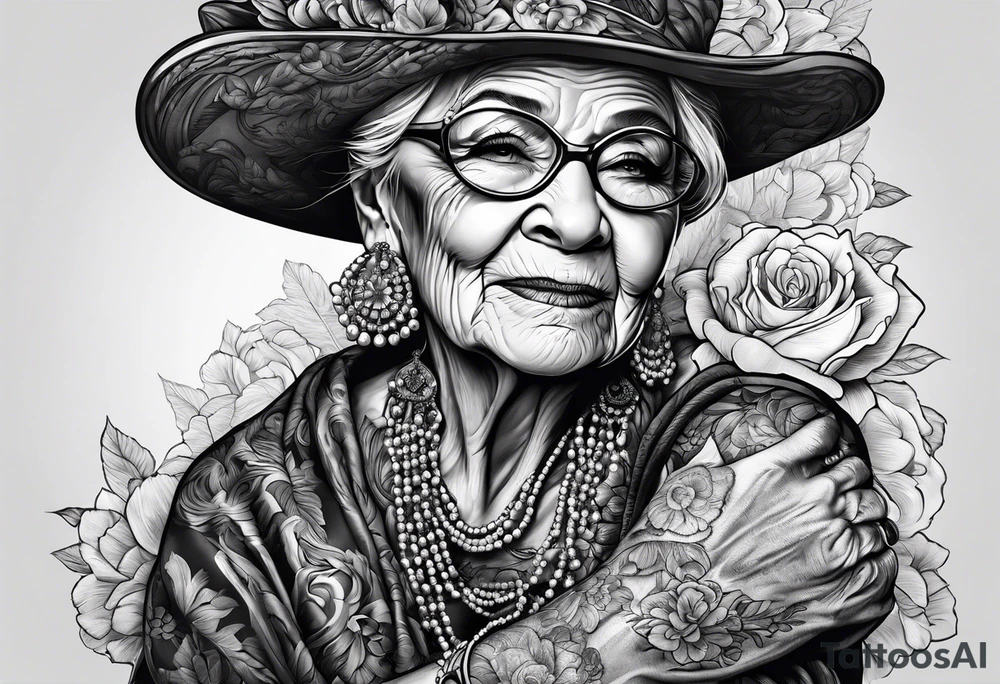 Muscular old lady posing. tattoo idea