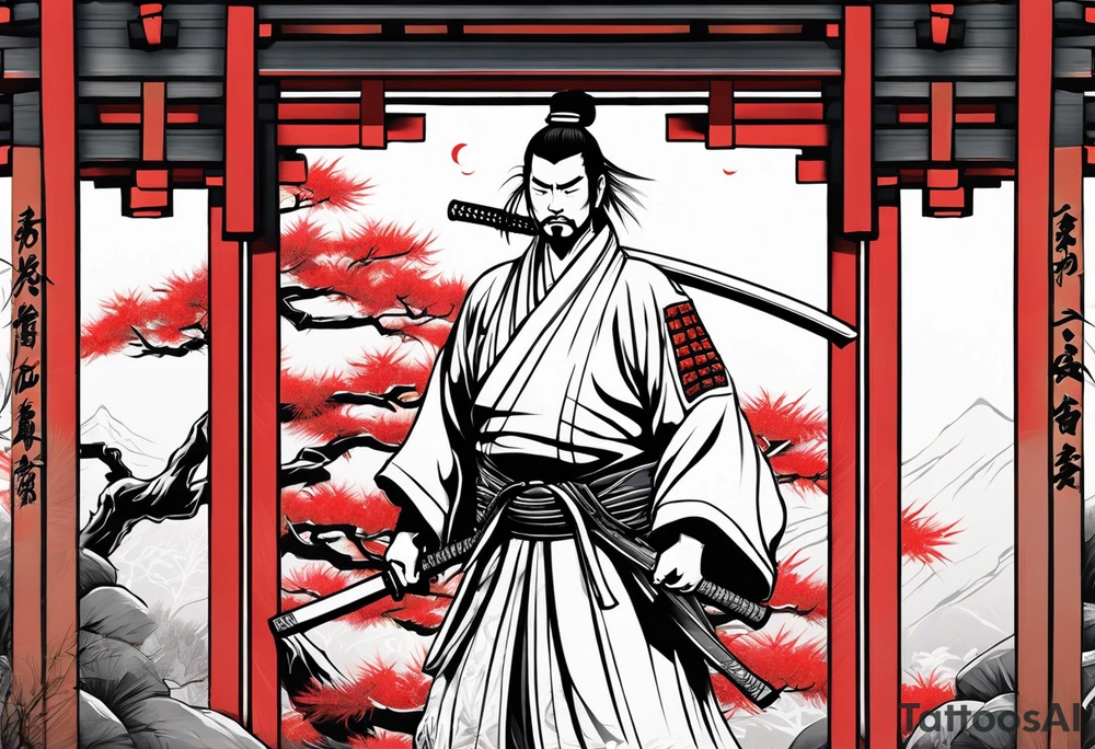 Irezumi style samurai in front of shinto shrine in bamboo grove tattoo idea
