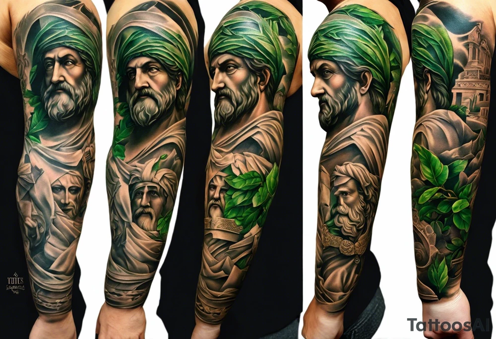 a tattoo full sleeve of stoic heroes in statue form including plato, socrates, alexander the great, julius ceasar, aristotle, pythagorus and william marshal. small amounts of Green english vine plant running through the whole tattoo. all fit on one arm. tattoo idea