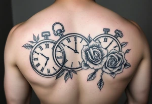 Different clocks with different times showing and for the filler something that compliment roses for males tattoo idea