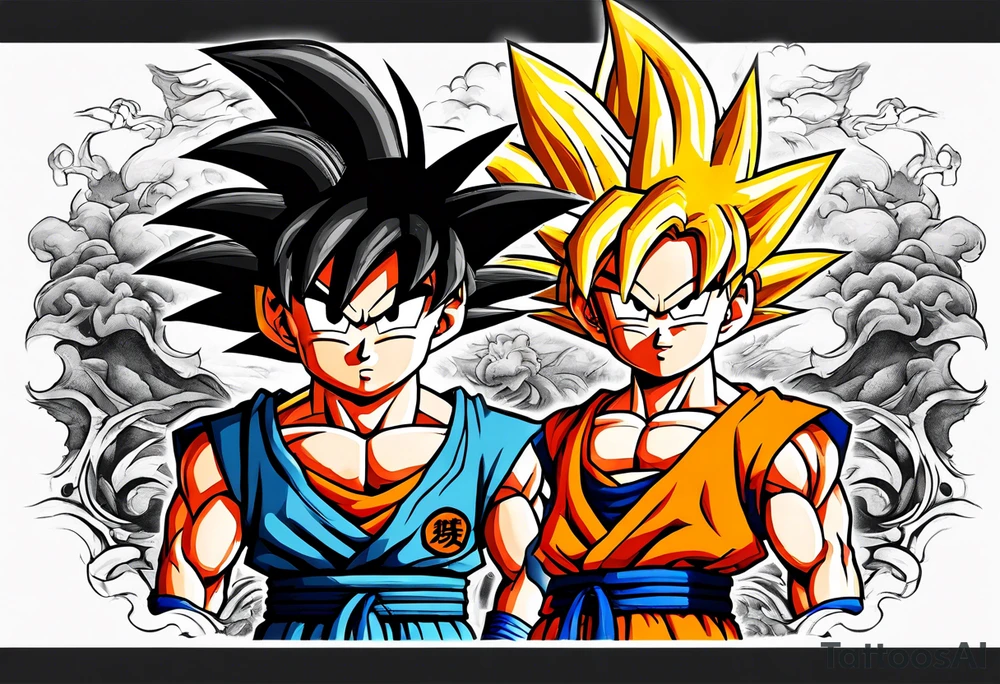 little Son-Goku in the foreground and an older version of him as a super sayin behind him tattoo idea