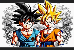 little Son-Goku in the foreground and an older version of him as a super sayin behind him tattoo idea