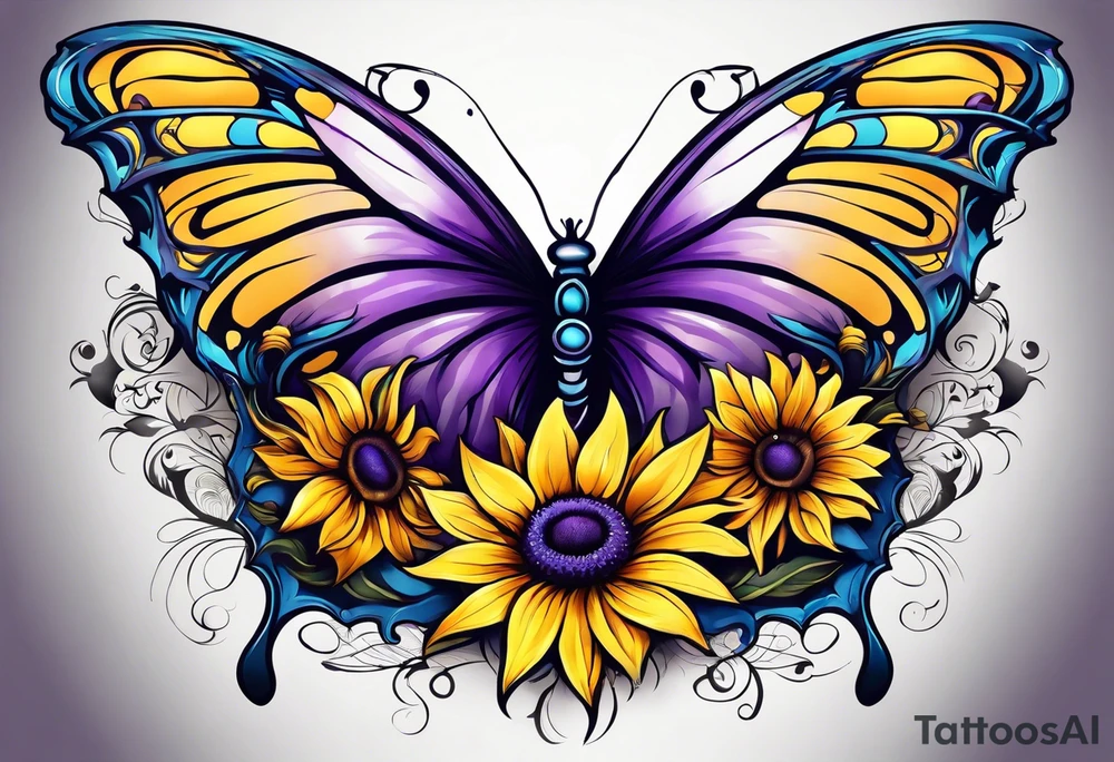 Purple, yellow and blue sunflowers with a butterfly leg sleeve tattoo idea