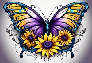 Purple, yellow and blue sunflowers with a butterfly leg sleeve tattoo idea